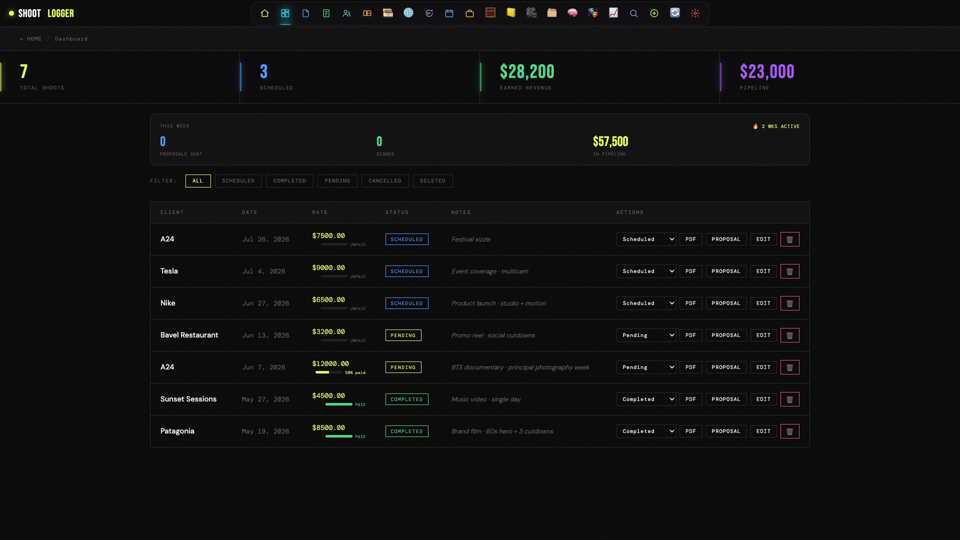 Shoot Logger invoices dashboard